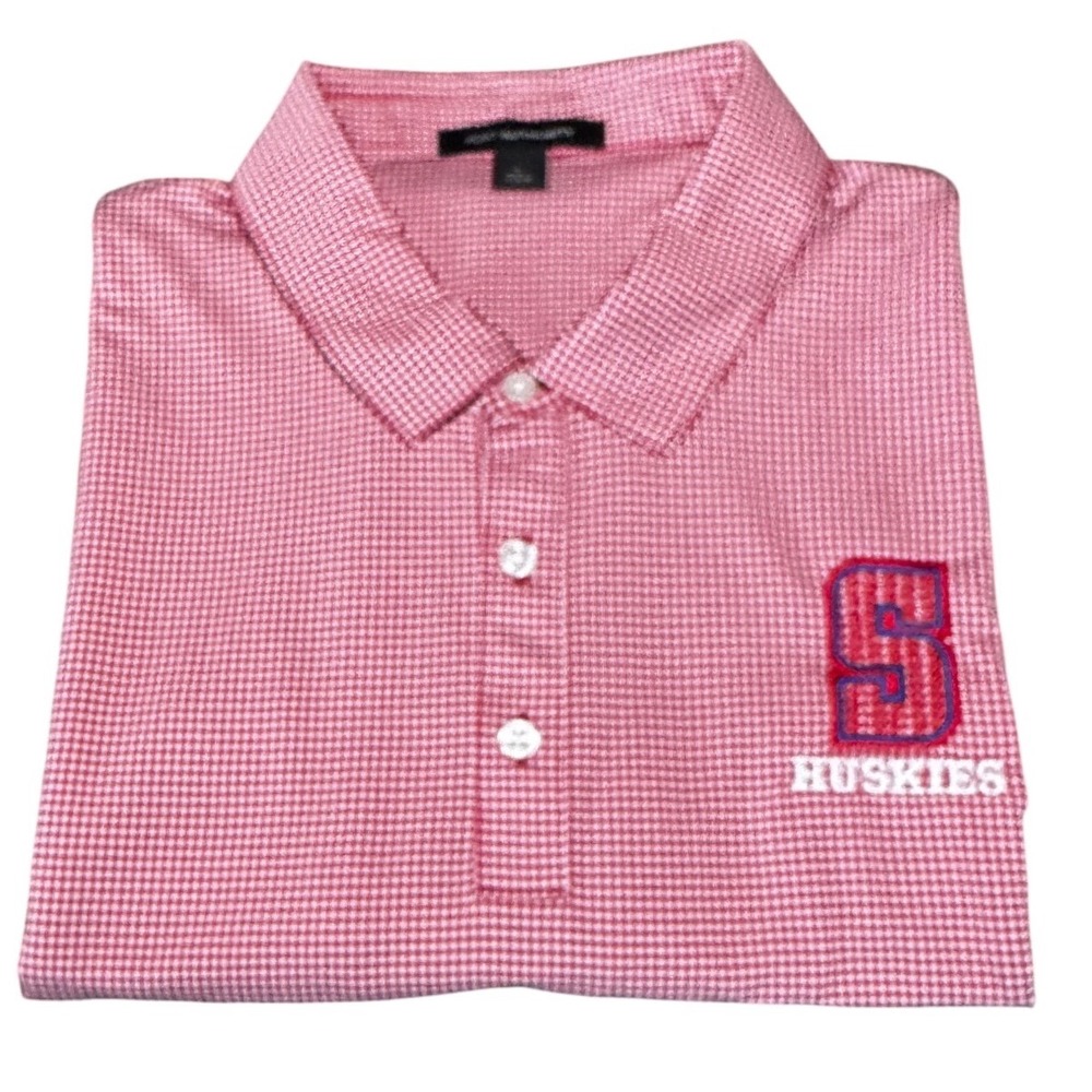 Port Authority Polo Men Large Red White Gingham Huskies Embroidered Stretch Shir